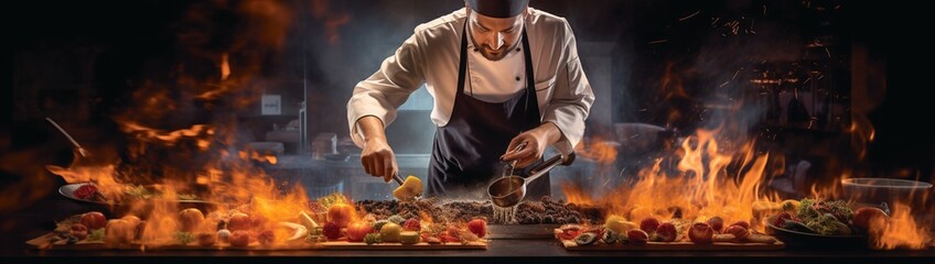 A dynamic scene featuring a professional chef grilling vegetables and skewers over an open flame, with the dark background intensifying the warm, glowing embers and the chef's concentration - obrazy, fototapety, plakaty