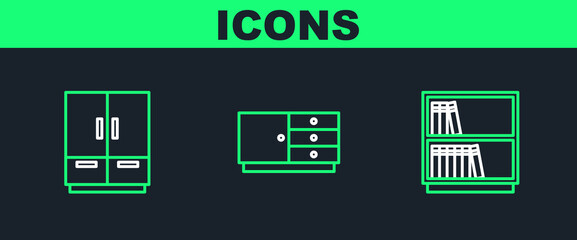 Set line Library bookshelf, Wardrobe and Chest of drawers icon. Vector