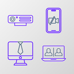 Set line Video chat conference, camera Off mobile and Web icon. Vector