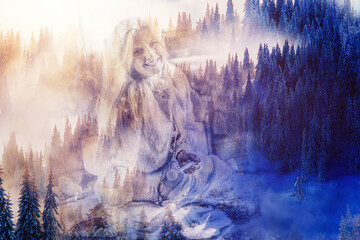 Shaman woman in winter landscape.
