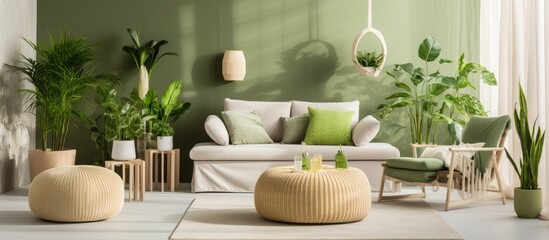 Real photo of a green natural living room with a lamp above tables and plants alongside a pouf on a carpet With copyspace for text
