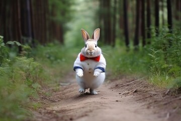 Rabbit runs along a path in the forest. Cute little rabbit in the forest. Easter bunny in the forest. Rabbit walk along a path in the forest.