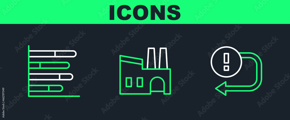 Poster set line arrow, pie chart infographic and factory icon. vector
