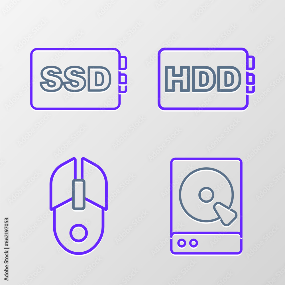 Poster set line hard disk drive hdd, computer mouse, and ssd card icon. vector