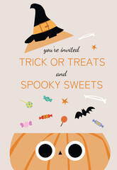 Happy halloween invitation cover with hand-drawm elements.31 Octovber party trick or treat - obrazy, fototapety, plakaty