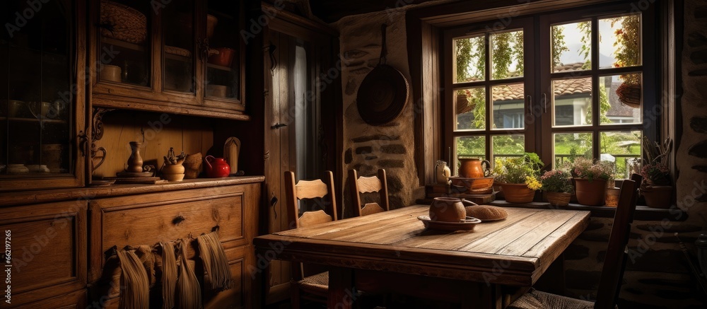 Poster old style rustic house with a small dining room with copyspace for text