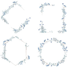 Flowers - Leaves bouquets Watercolor Blue  Frame flowers Aquarell Clipart, Einladun