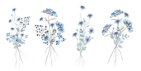 Flowers - Leaves bouquets Watercolor Blue  Frame flowers Aquarell Clipart, Einladun