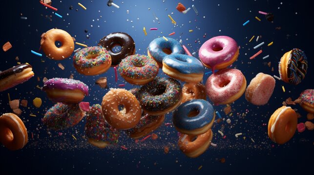 A high-definition image featuring a colorful assortment of doughnuts soaring gracefully in front of a rich navy blue background