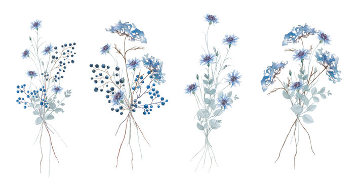 Flowers - Leaves bouquets Watercolor Blue  Frame flowers Aquarell Clipart, Einladun