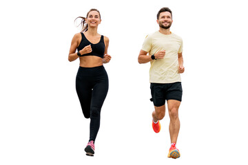 A woman and a man are friends running together. Sports people train together. A young couple leads an active lifestyle in sportswear. Transparent background.