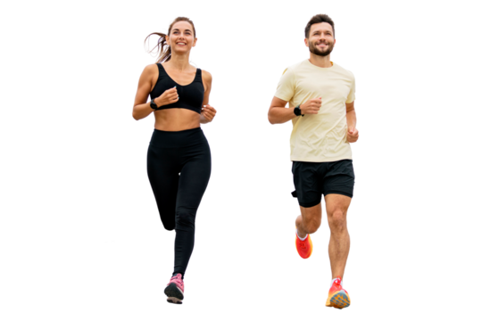 A woman and a man are friends running together. Sports people train together. A young couple leads an active lifestyle in sportswear. Transparent background.