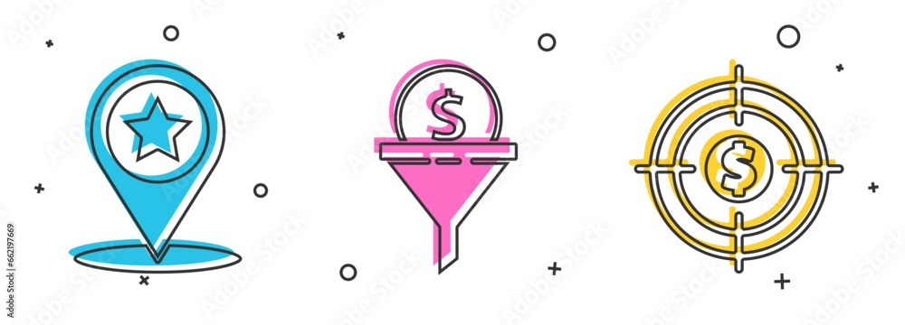 Poster set map pointer with star, lead management and target with dollar icon. vector
