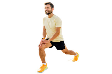 Exercise squats smiling happy young man training alone in sportswear. Fitness training is a hobby and lifestyle for activities and health.   Transparent background.