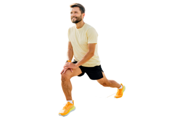 Exercise squats smiling happy young man training alone in sportswear. Fitness training is a hobby and lifestyle for activities and health. Transparent background.