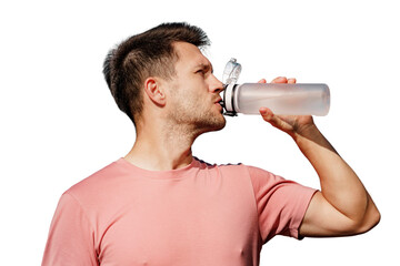 Male athlete drinks clean water break rest after training. Uses a sports drinking bottle.  ...