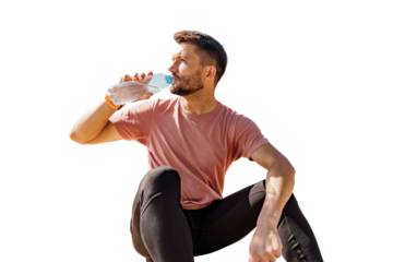 Rest Male athlete drinks clean water break after training. Uses a sports drinking bottle.   Transparent background.