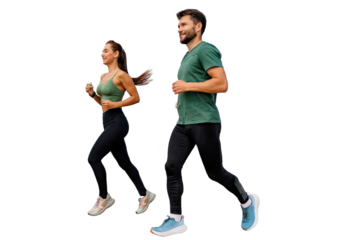 Running two people train a male instructor and a female client. Active jogging exercises in fitness clothes. Sports friends active lifestyle time for sports. Transparent background.