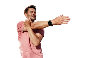 A sporty person uses a fitness watch on his arm and a running app. In a T-shirt, a male trainer is warming up before an active workout. Transparent background.
