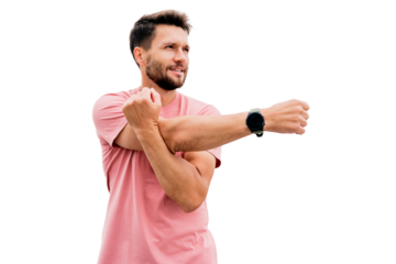 Male trainer warm-up before an active workout. Uses a fitness watch on his arm and a running app. Transparent background.