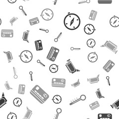Set Compass, Meteorology thermometer, Cinema camera and Credit card on seamless pattern. Vector