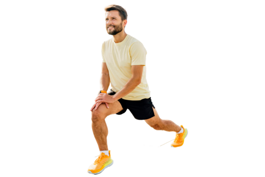 Exercise squats smiling happy young man training alone in sportswear. Fitness training is a hobby and lifestyle for activities and health.   Transparent background.