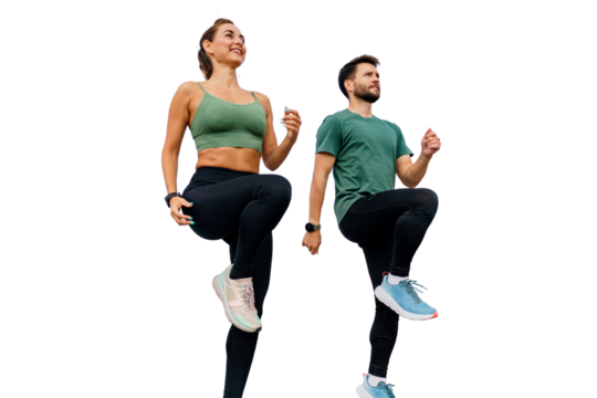Active leg exercises in fitness clothes. Body warm-up two people train a male instructor and a female client.  Sports friends active lifestyle time for sports. Transparent background.