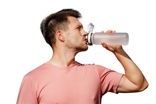 Male athlete drinks clean water break rest after training. Uses a sports drinking bottle.   Transparent background.