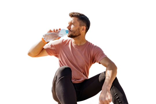 Rest Male athlete drinks clean water break after training. Uses a sports drinking bottle.   Transparent background.