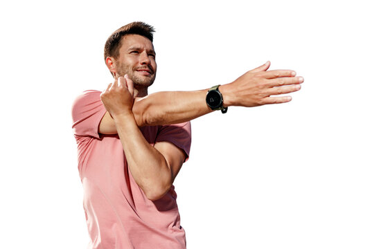 A sporty person uses a fitness watch on his arm and a running app. In a T-shirt, a male trainer is warming up before an active workout.  Transparent background.