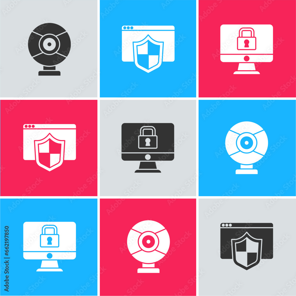 Poster set security camera, browser with shield and lock on monitor icon. vector
