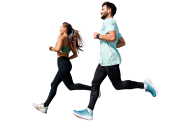 Two people a group of people running together in full growth. They use running shoes and sportswear for active training. Transparent background.
