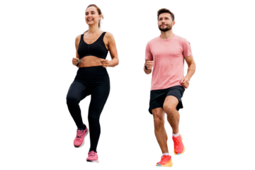 Body Warm-up Two athletic people train a male instructor and a female client.  Friends active lifestyle time for sports. Active leg exercises in fitness clothes.   Transparent background.