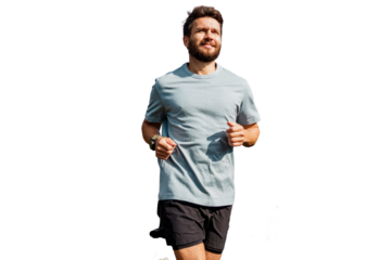 Male runner smiles jogging fitness activity workout. A slender man in sportswear T-shirt. Transparent background.
