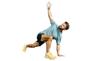 A happy man sports a slim body. Exercises plank workout fitness strong man. Warm-up yoga pose...