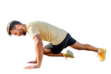 Warm-up for the body cardio.  Plank exercises intensive training fitness strong man. A happy man sports a slim body.  Mental and psychological health. Transparent background.