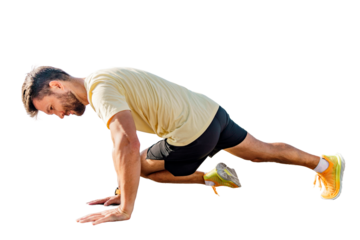 Warm-up for the body cardio. Plank exercises intensive training fitness strong man. A happy man sports a slim body. Mental and psychological health. Transparent background.