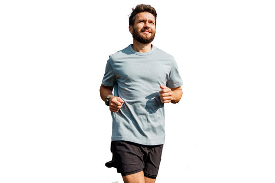 Male runner smiles jogging fitness activity workout. A slender man in sportswear T-shirt. Transparent background.