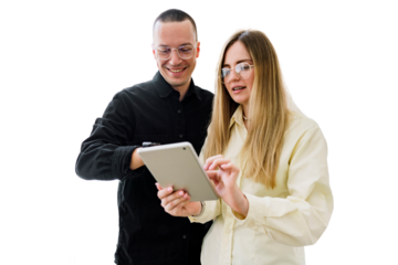 People designers colleagues uses tablet online meeting. A woman and a man are office employees together. Transparent background.