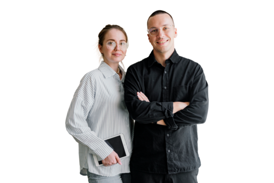 A team of two people freelancers colleagues in modern clothes work together. A woman and a man are office employees together. Transparent background.