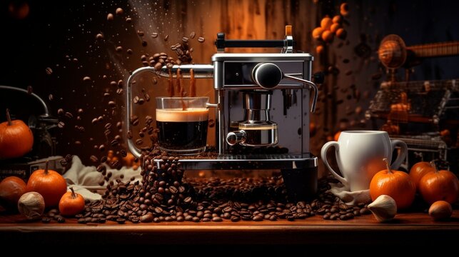 A high-definition photograph showcasing the coffee brewing process, with coffee beans, a dripping espresso machine, and a full cup of coffee, all set against a solid coffee-themed background