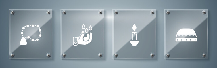 Set Muslim hat for prayer, Burning candle, Wudhu and Rosary beads religion. Square glass panels. Vector