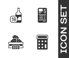 Set Calculator, Wine bottle, Wooden box for fruits and Paper financial check icon. Vector
