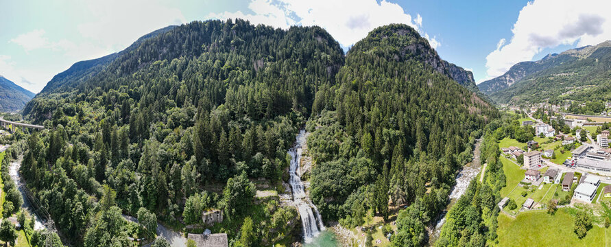 Drone view at the waterfall of Piumogna near Faido on Switzerland