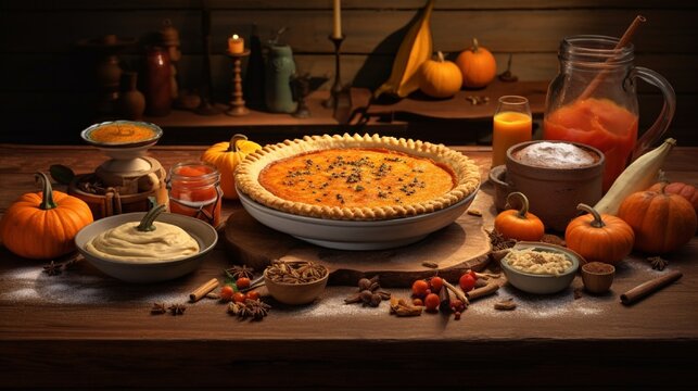 A high-definition photograph showcasing the process of making a pumpkin pie from scratch, with ingredients like fresh pumpkin, spices, and a flaky crust beautifully arranged