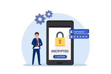 Businessman using mobile phone with encrypted application system, flat design illustration