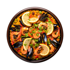 Paella in colorful plate isolated on white background - spain most famous food