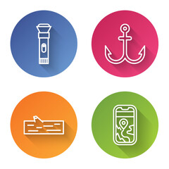 Set line Flashlight, Anchor, Wooden log and City map navigation. Color circle button. Vector