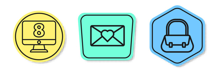 Set line 8 March on monitore, Envelope with 8 March and Handbag. Colored shapes. Vector