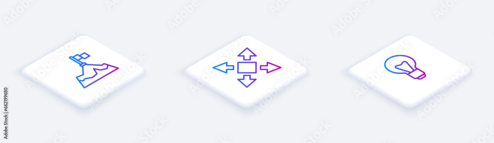 Poster set isometric line mountains with flag, many ways directional arrow and light bulb. white square but